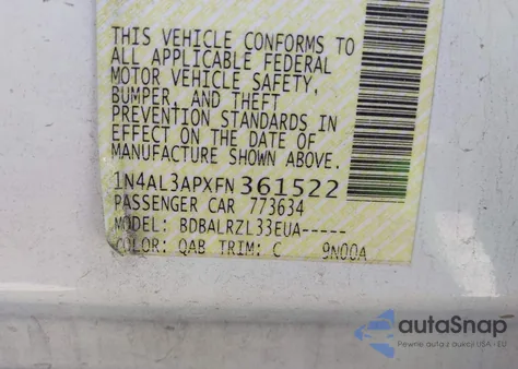 2015 Nissan Altima 2.5/2.5 S/2.5 Sl/2.5 Sv z USA, uszkodzony, nr VIN 1N4AL3APXFN361522